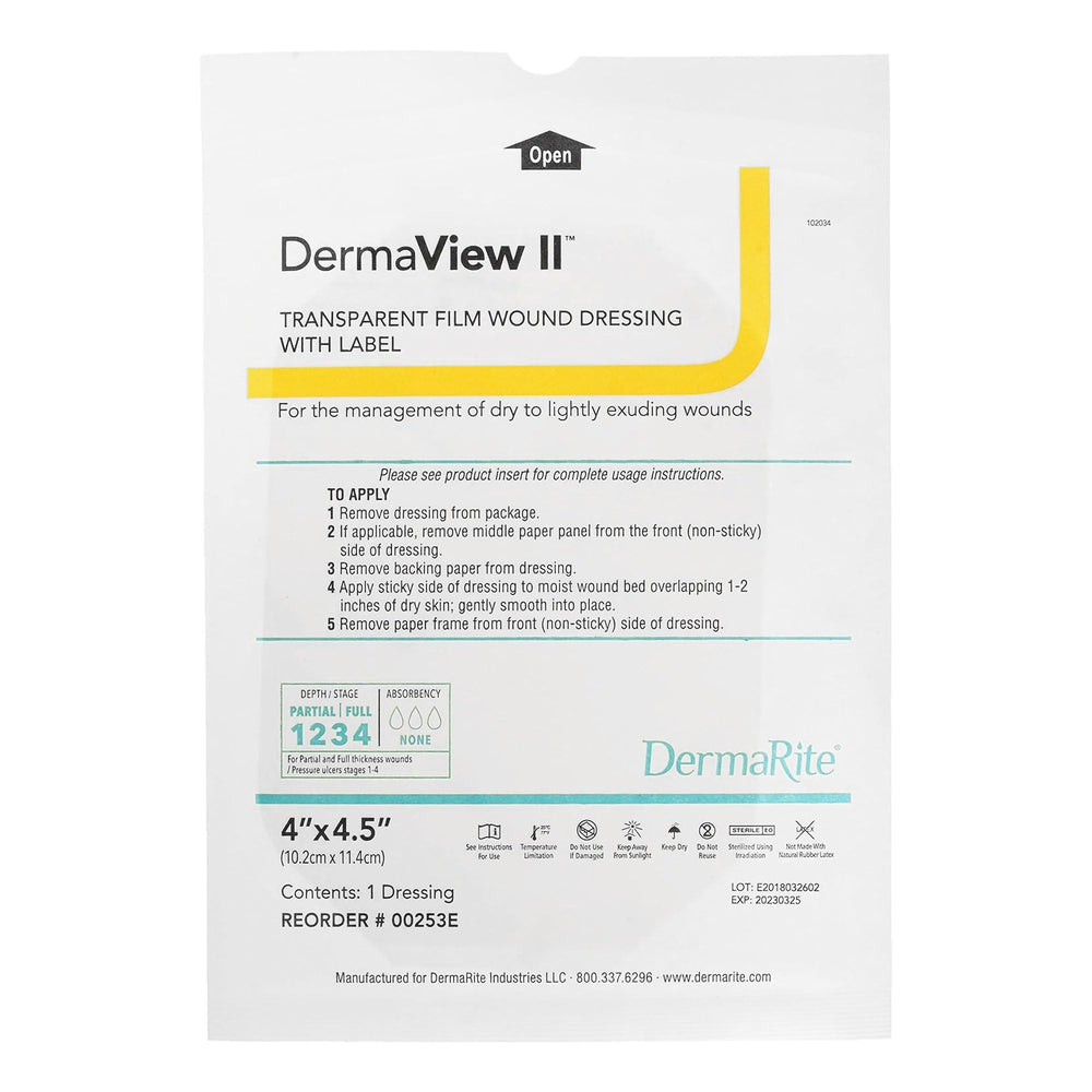 DermaRite DermaView II transparent dressing on wound enables visible monitoring.