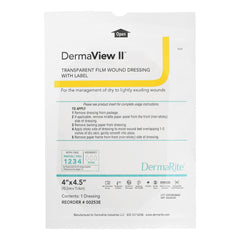 DermaRite DermaView II transparent dressing on wound enables visible monitoring.