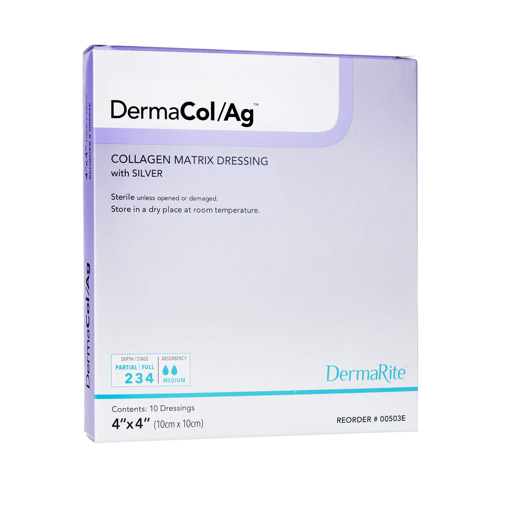 DermaRite Dermacol AG Silver Collagen Dressing 4x4 on wound bed, supports moist healing environment.