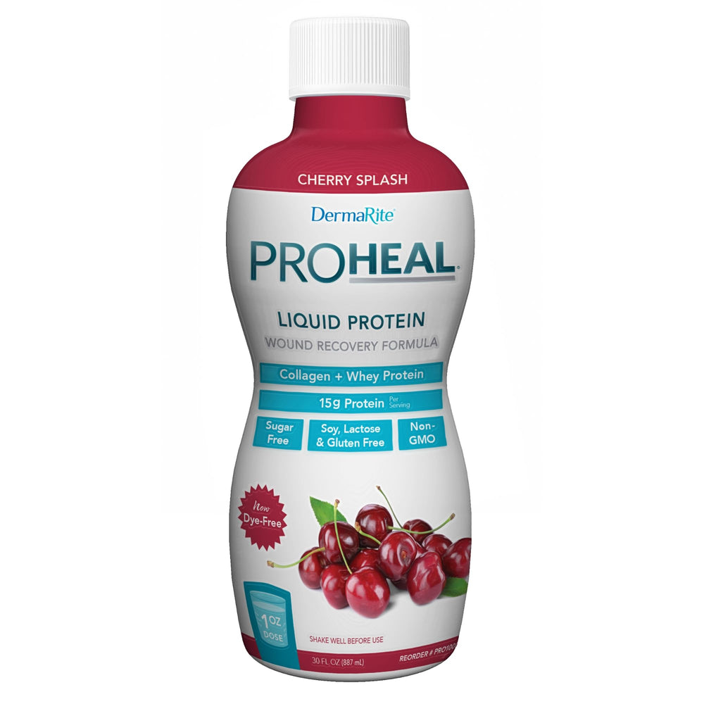 DermaRite ProHeal bottle pour showing liquid protein for wound recovery