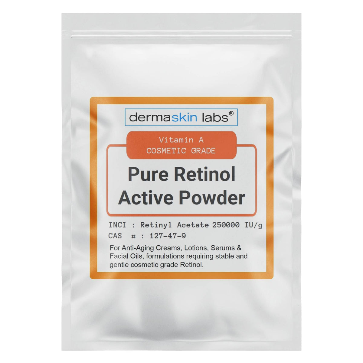 Dermaskin Labs Vitamin A Retinol Powder bottle for stable cosmetic formulations.