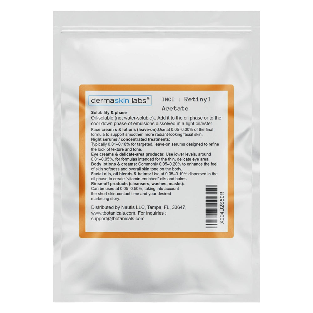 Dermaskin Labs Vitamin A Retinol Powder jar shown with light-safe packaging, ideal for oil-phase formulations.