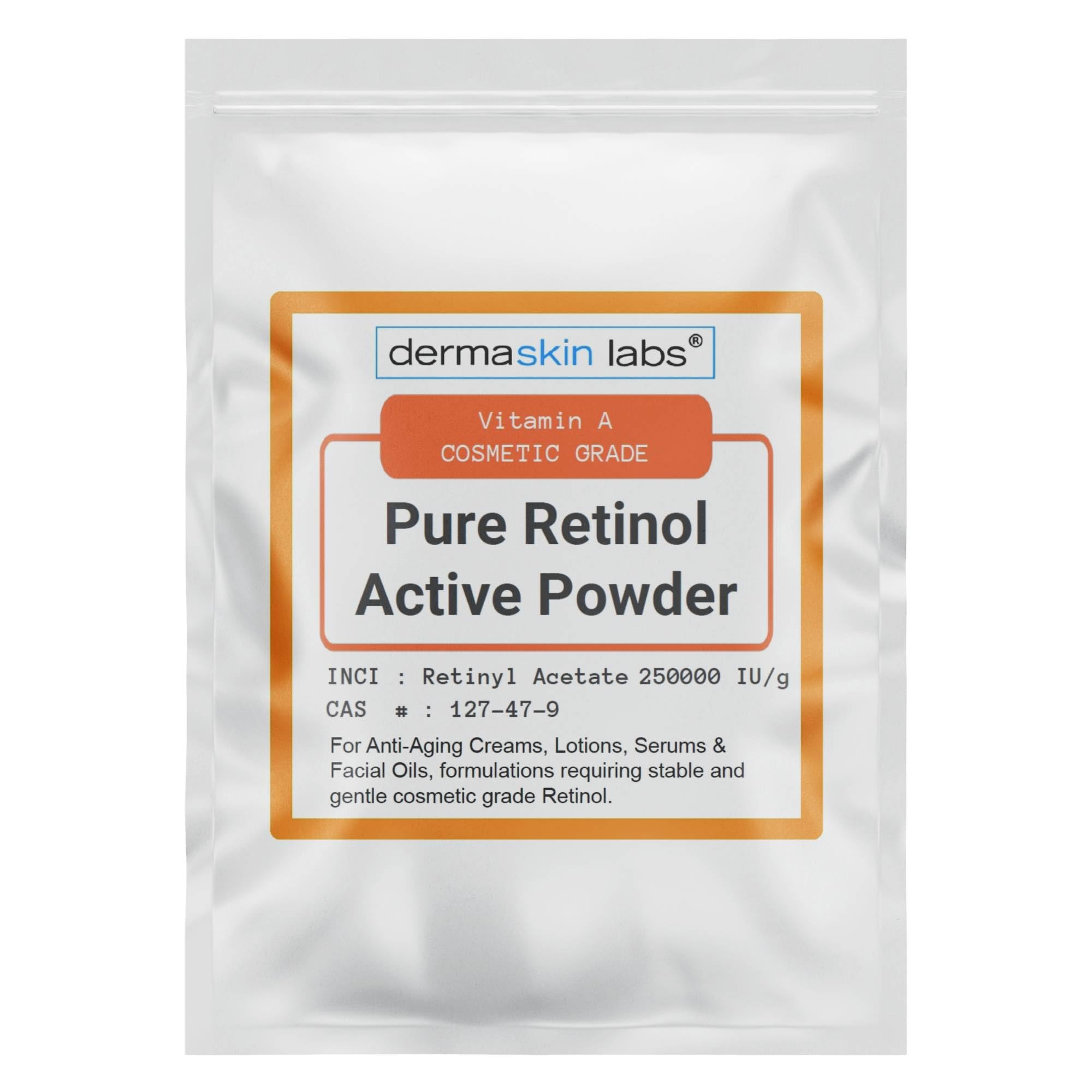 Dermaskin Labs Vitamin A retinyl acetate powder bottle for stable cosmetic formulations.