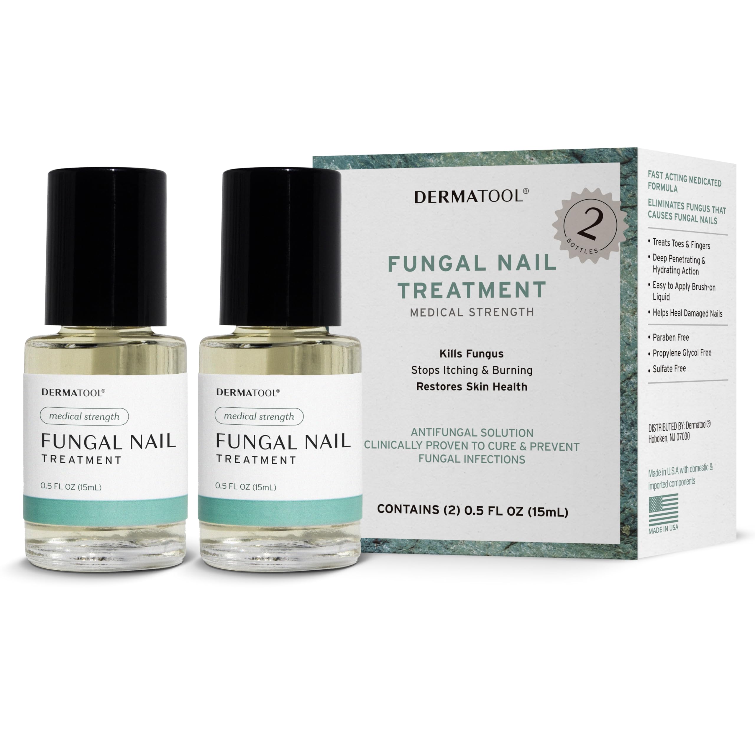 DERMATOOL Extra Strength Toenail Fungus Treatment bottle with clear liquid for fast-acting care.