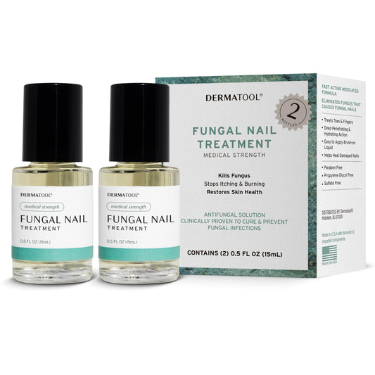 DERMATOOL Extra Strength Toenail Fungus Treatment bottle with clear liquid for fast-acting care.