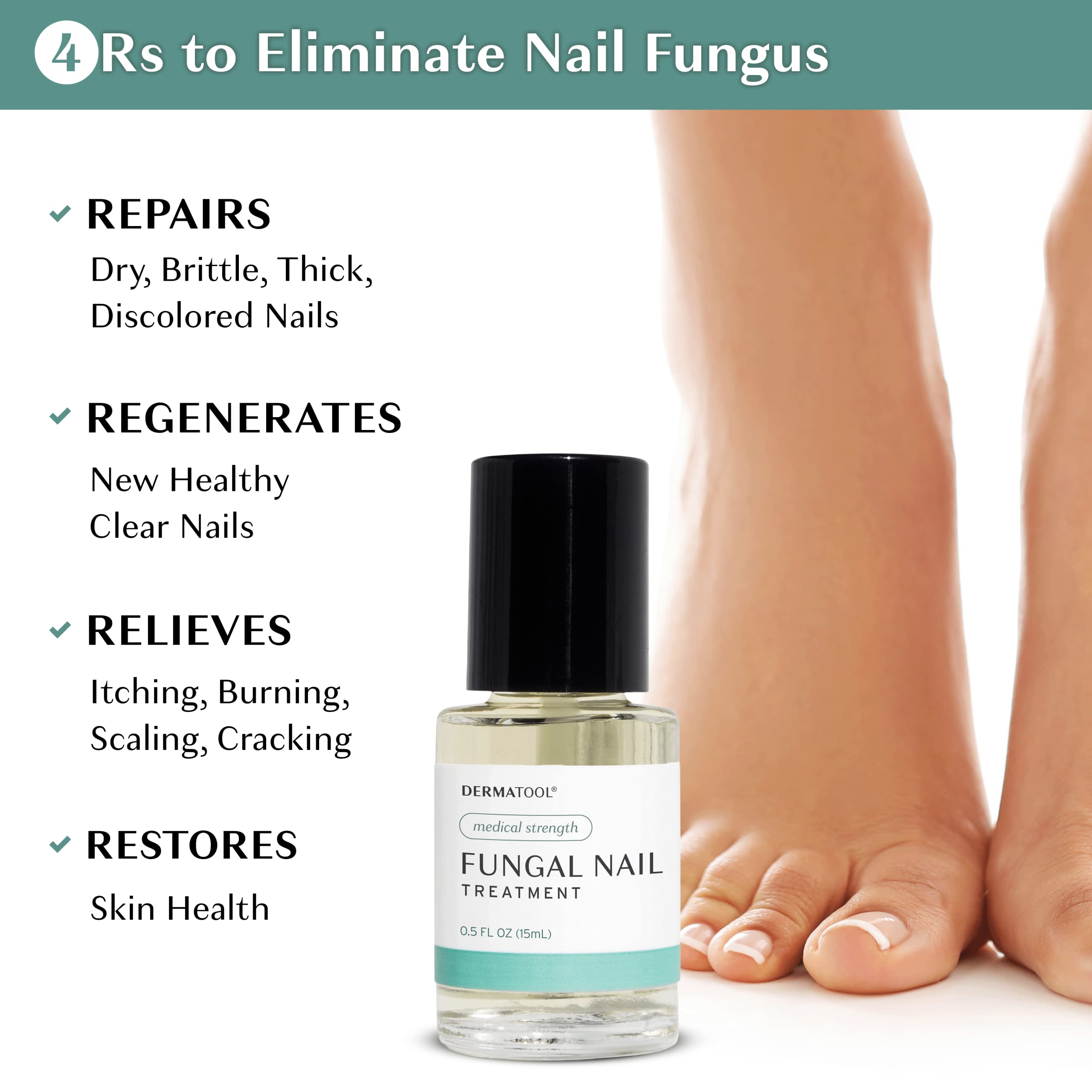DERMATOOL toenail fungus application brush enables precise, mess-free treatment around the nails.