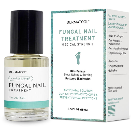 DERMATOOL toenail fungus treatment bottle closeup showing fast-absorbing formula for nails.