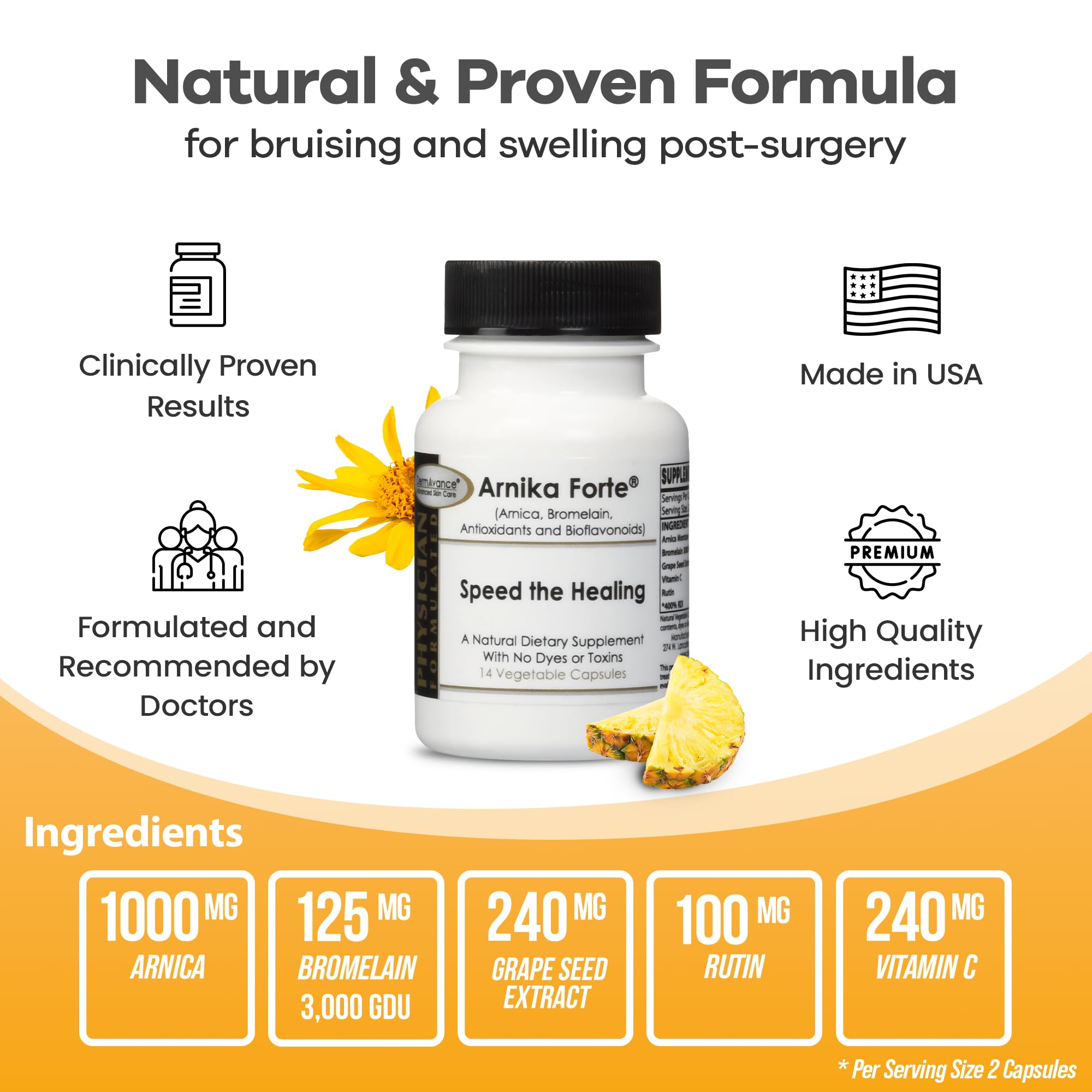 DermAvance Arnika Forte ingredients chart highlights Arnica and Bromelain