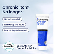 Dermeleve anti-itch cream bottle close-up showing ease of use.