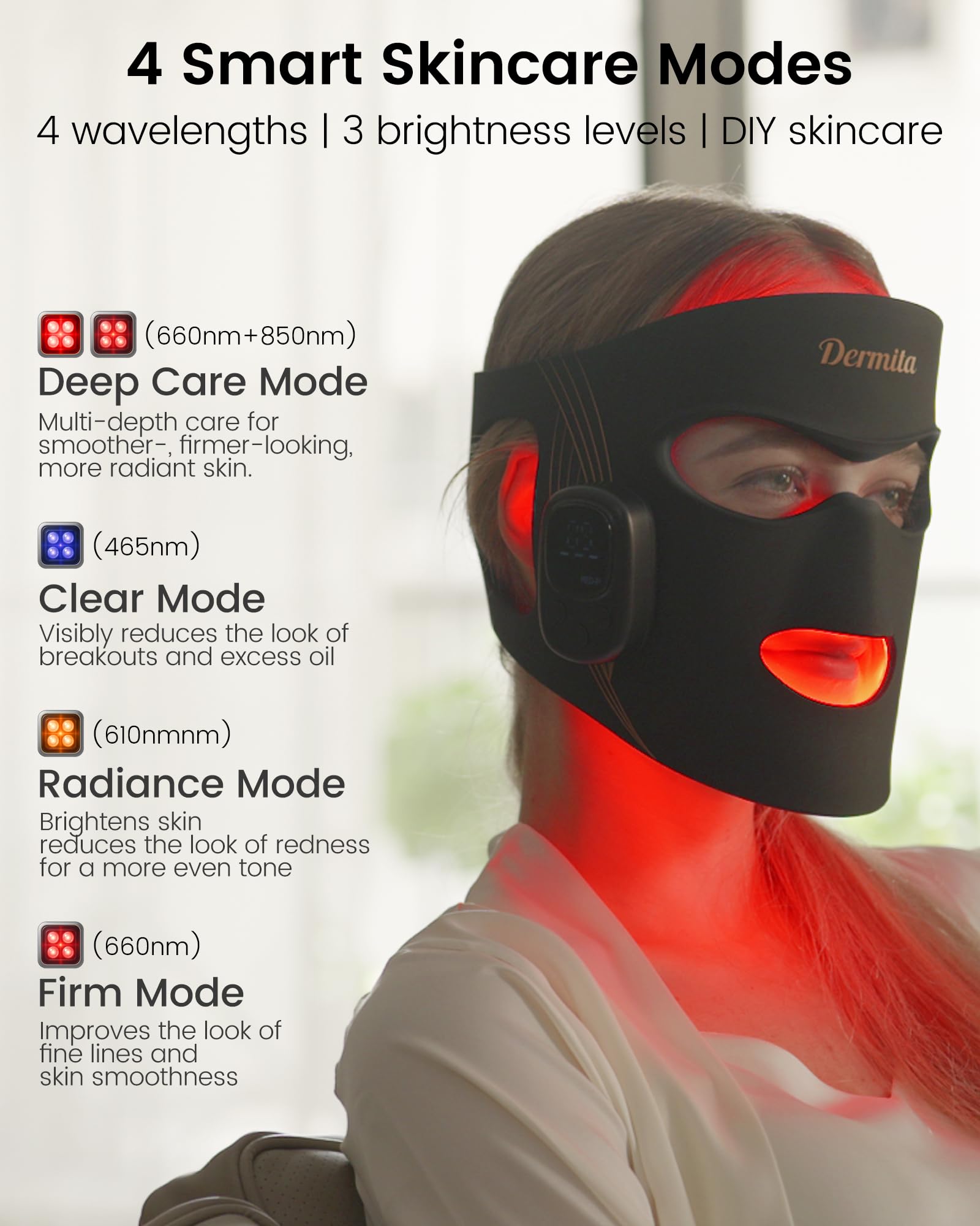 Dermita red light mask 360‑coverage closeup with even light across the face