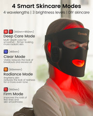 Dermita red light mask 360‑coverage closeup with even light across the face