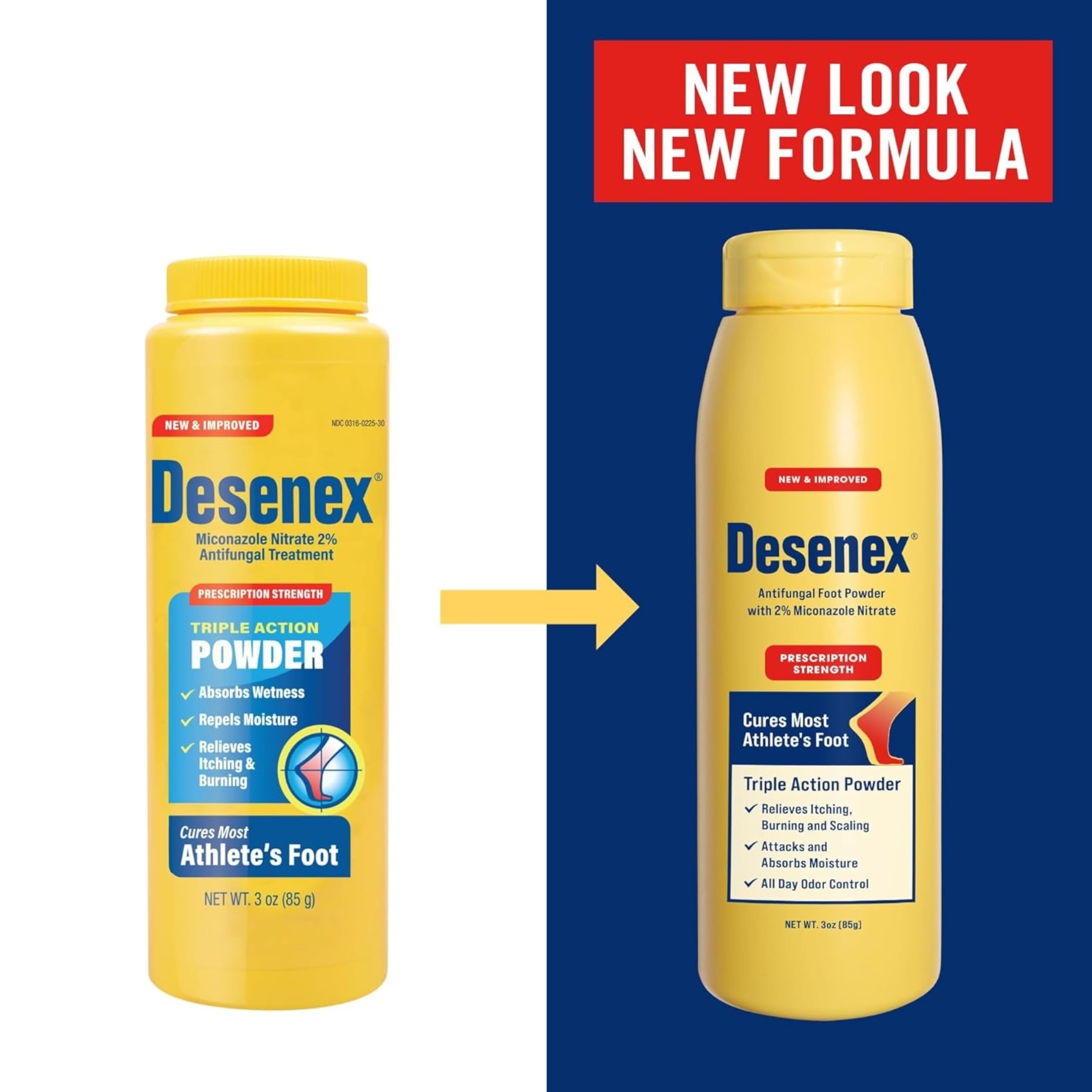 Product label on Desenex 3-bottle pack emphasizing convenient packaging.
