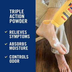 Closeup of Desenex powder dispensing for easy, even distribution.
