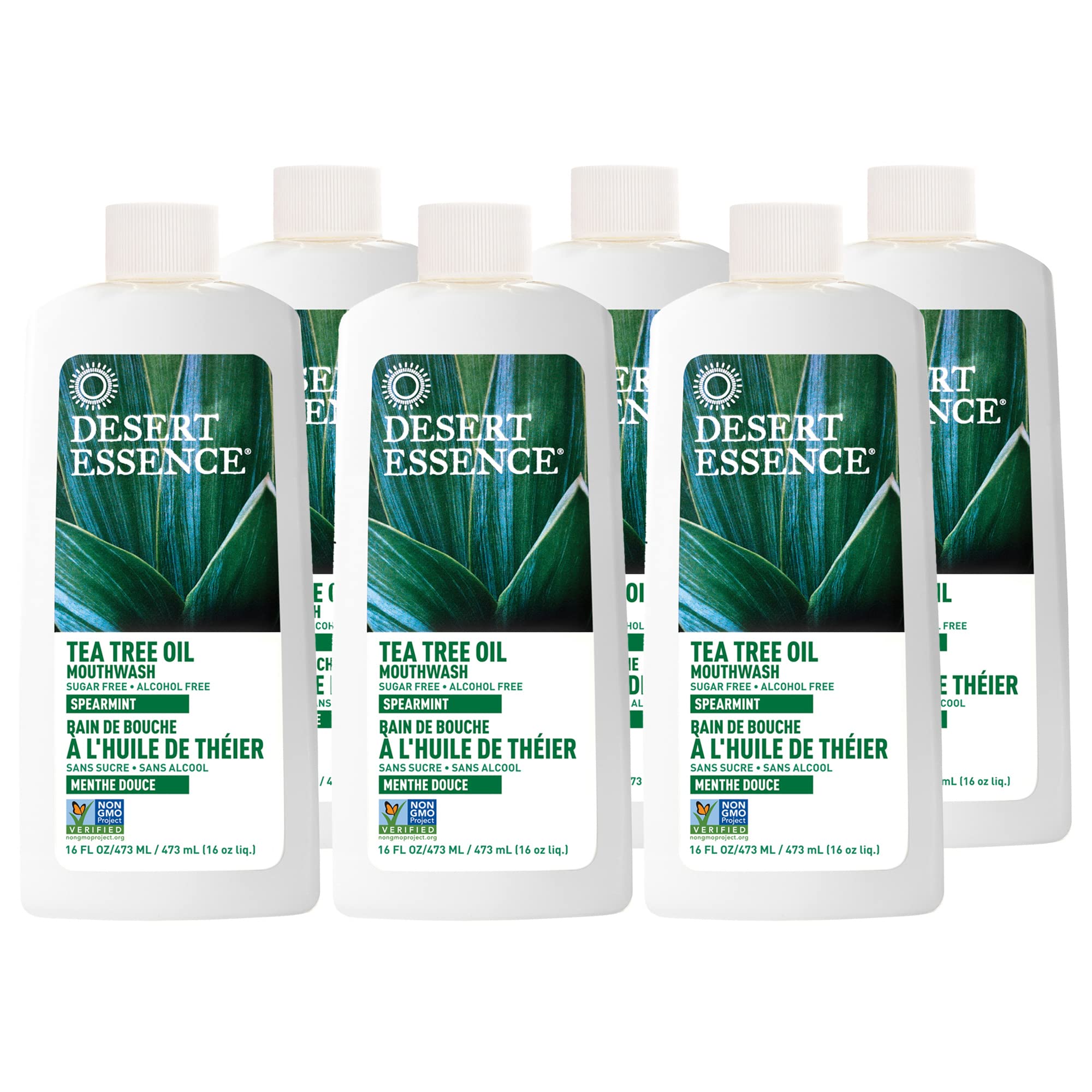 Desert Essence Tea Tree Mouthwash bottle promotes natural plaque control and fresh breath.