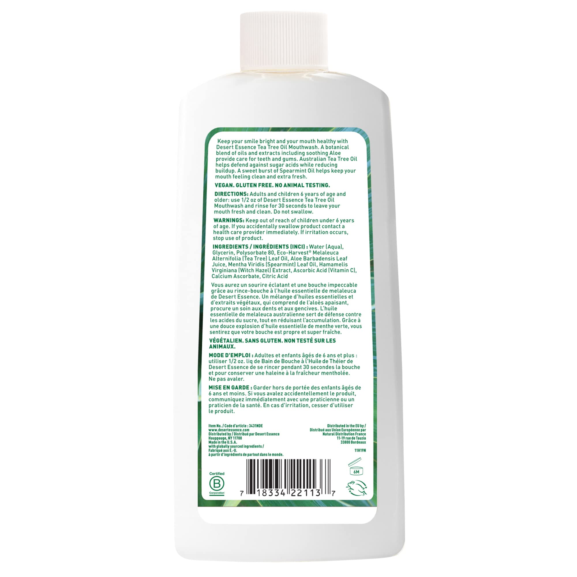Desert Essence Tea Tree Mouthwash pour shot with spearmint aroma.