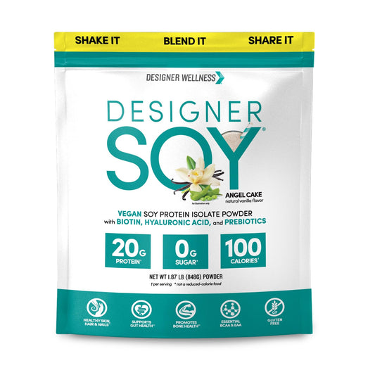 Designer Wellness Angel Cake Vanilla tub: vegan protein for post-workout recovery.