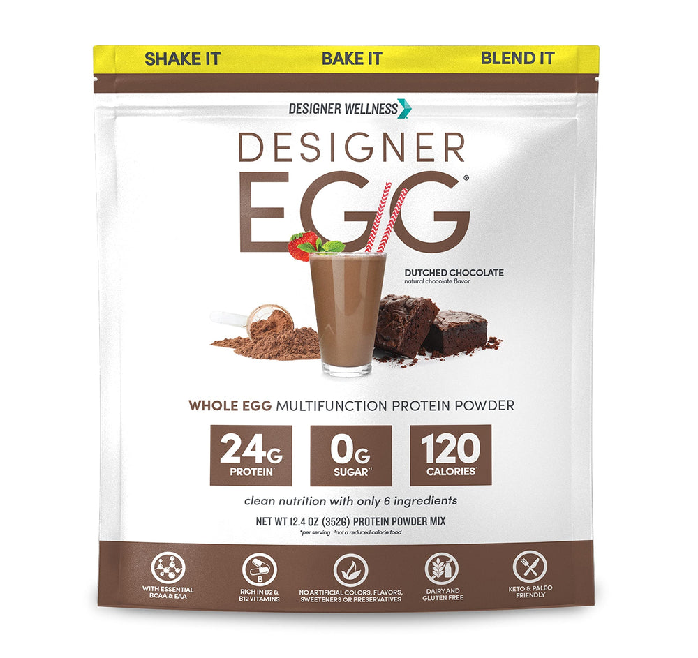 Designer Wellness Designer Egg Dutch Chocolate tub with high protein per serving.