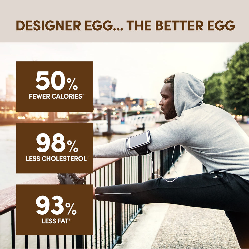 Close-up of Designer Egg jar highlighting gluten-free and dairy-free ingredients.