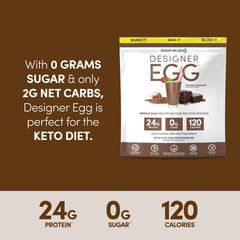 Serving scoop beside Designer Egg powder, illustrating easy portioning.