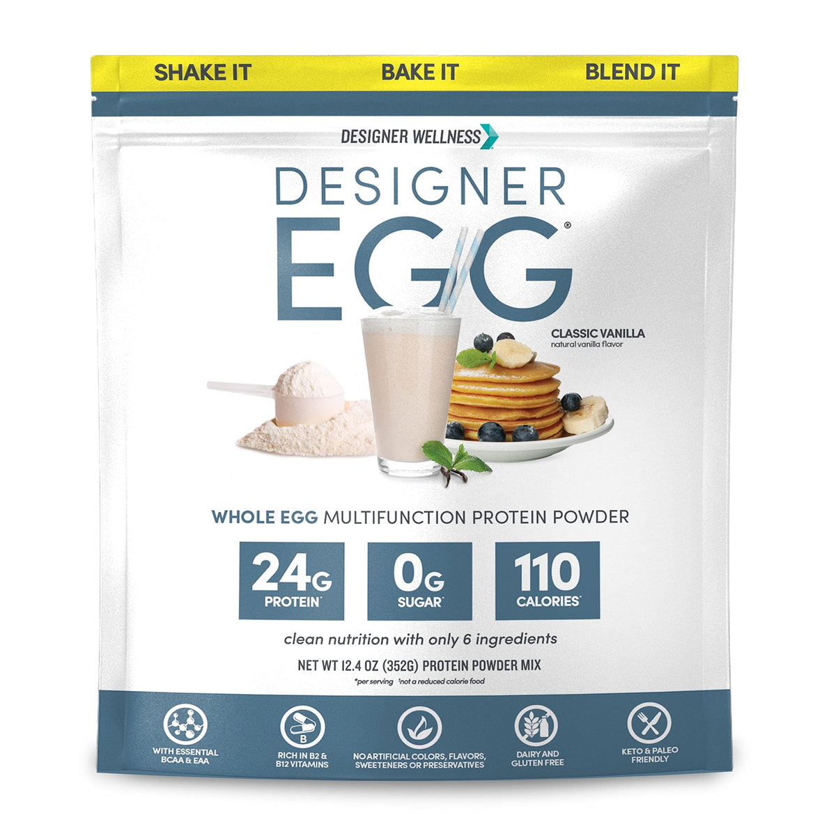 Designer Wellness Designer Egg vanilla powder tub front for a protein shake