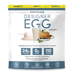 Designer Wellness Designer Egg vanilla powder tub front for a protein shake