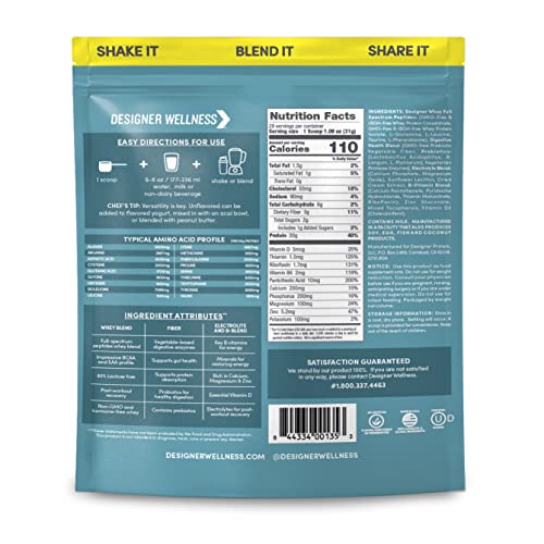 Designer Wellness Designer Whey bottle back — nutrition facts and probiotic blend for digestion
