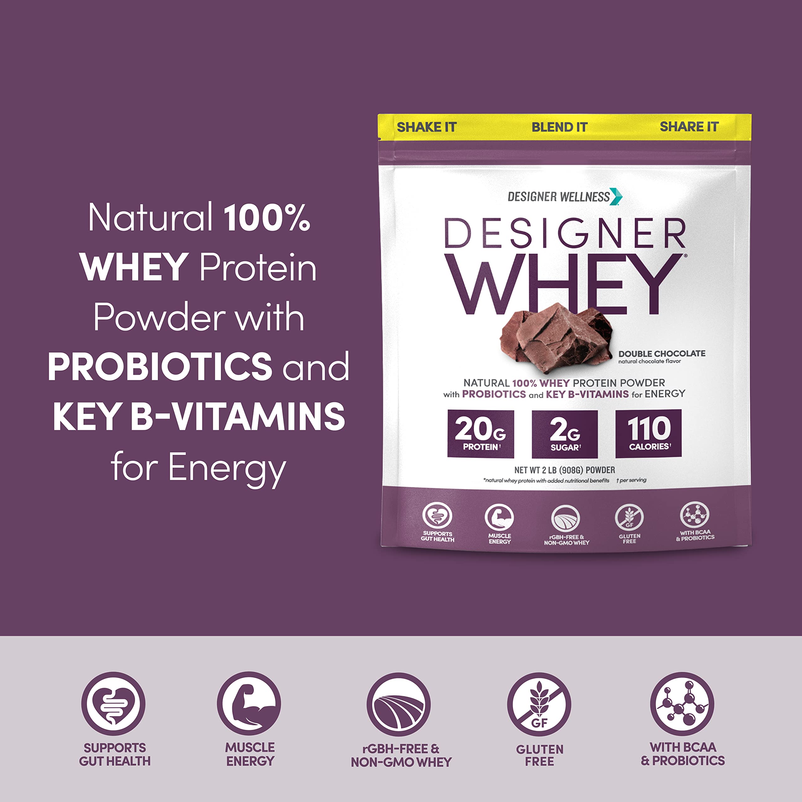 Designer Wellness Designer Whey nutrition label close-up shows high protein for daily fitness goals