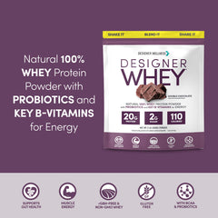 Designer Wellness Designer Whey nutrition label close-up shows high protein for daily fitness goals