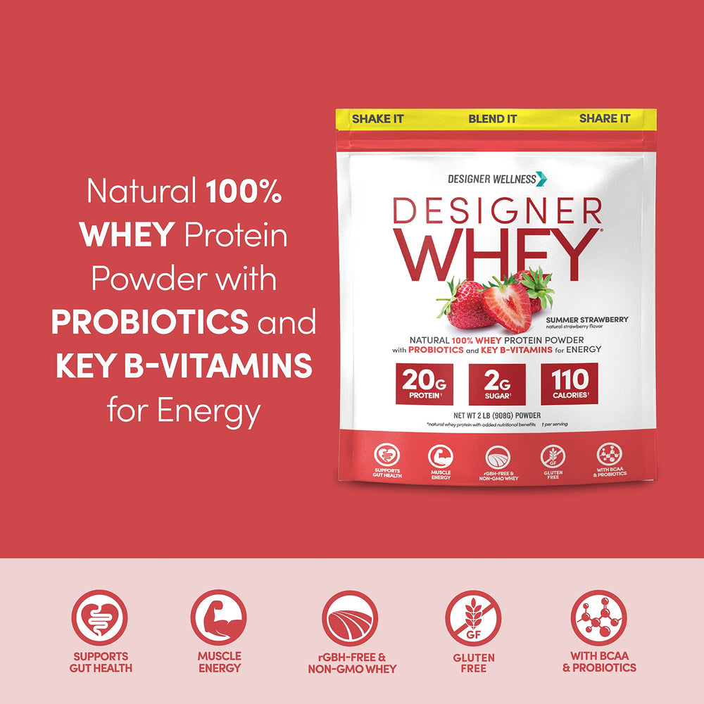 Designer Wellness Designer Whey probiotic fiber blend label showcases digestive support benefits.