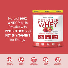 Designer Wellness Designer Whey probiotic fiber blend label showcases digestive support benefits.