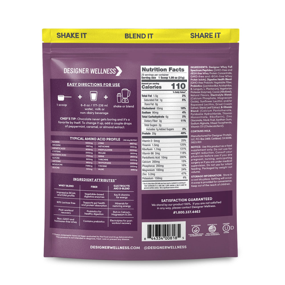 Designer Wellness Designer Whey scoop in tub ready to mix for a balanced energy snack