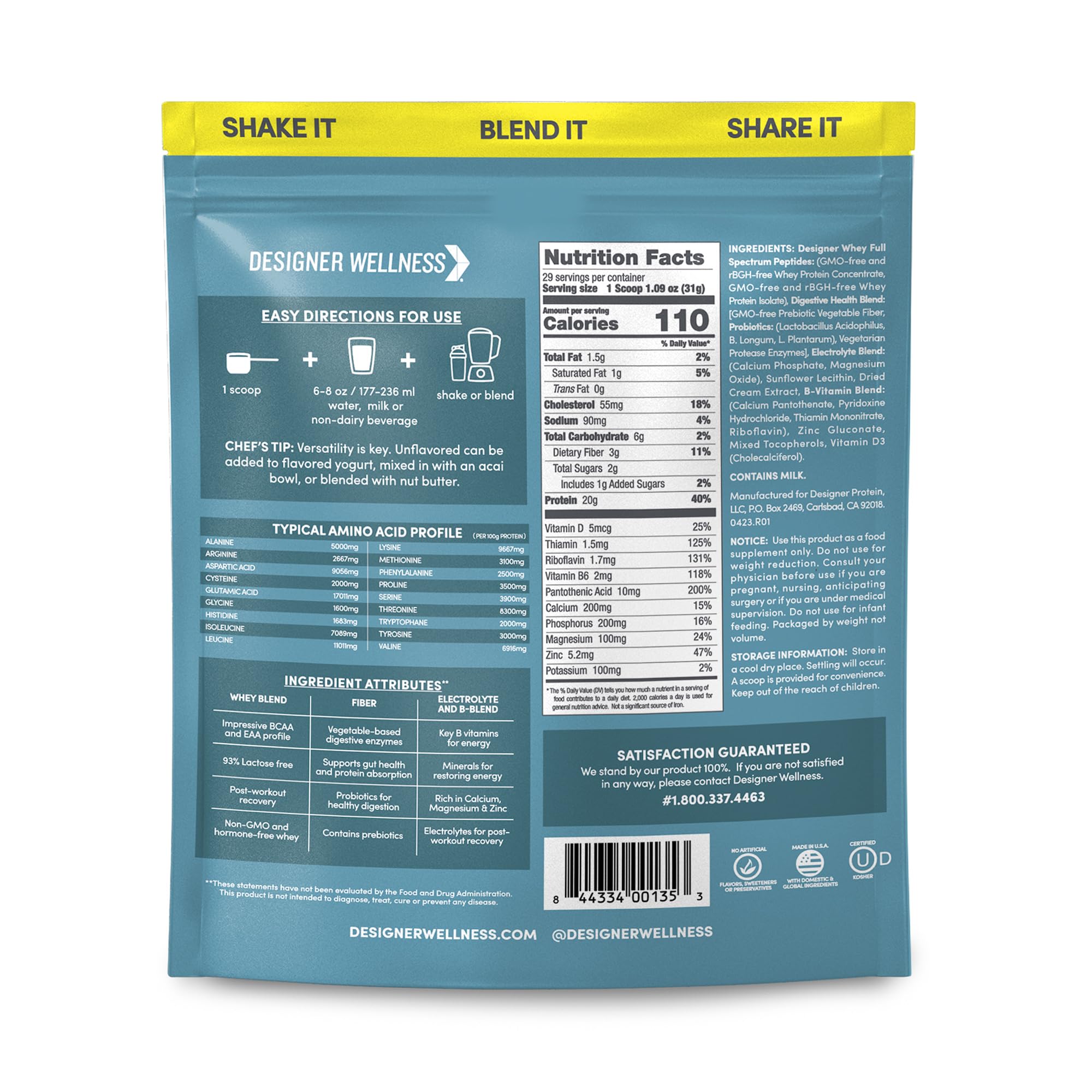 Designer Wellness Designer Whey serving with shaker — quick, smooth mix for energy support