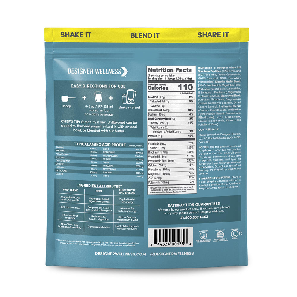 Designer Wellness Designer Whey serving with shaker — quick, smooth mix for energy support