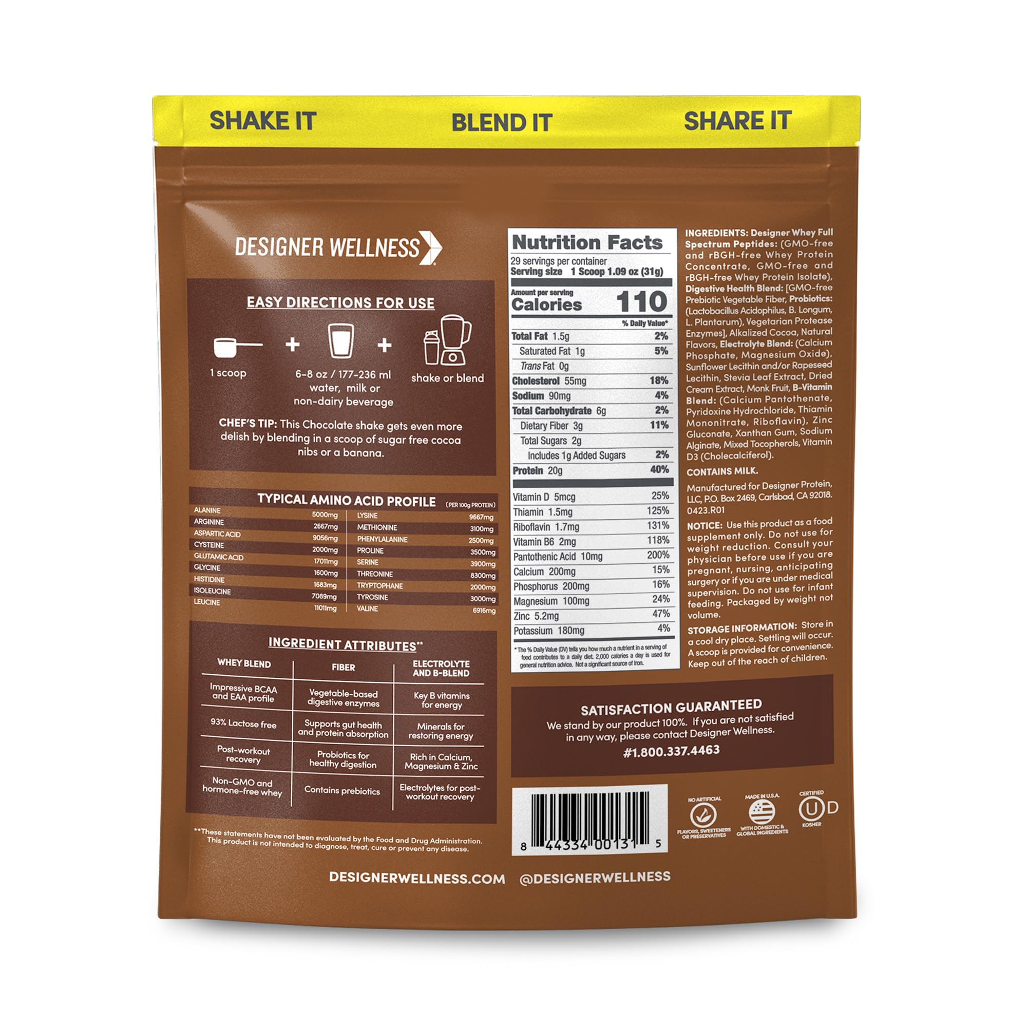Designer Wellness Designer Whey powder ready to mix in a shaker bottle