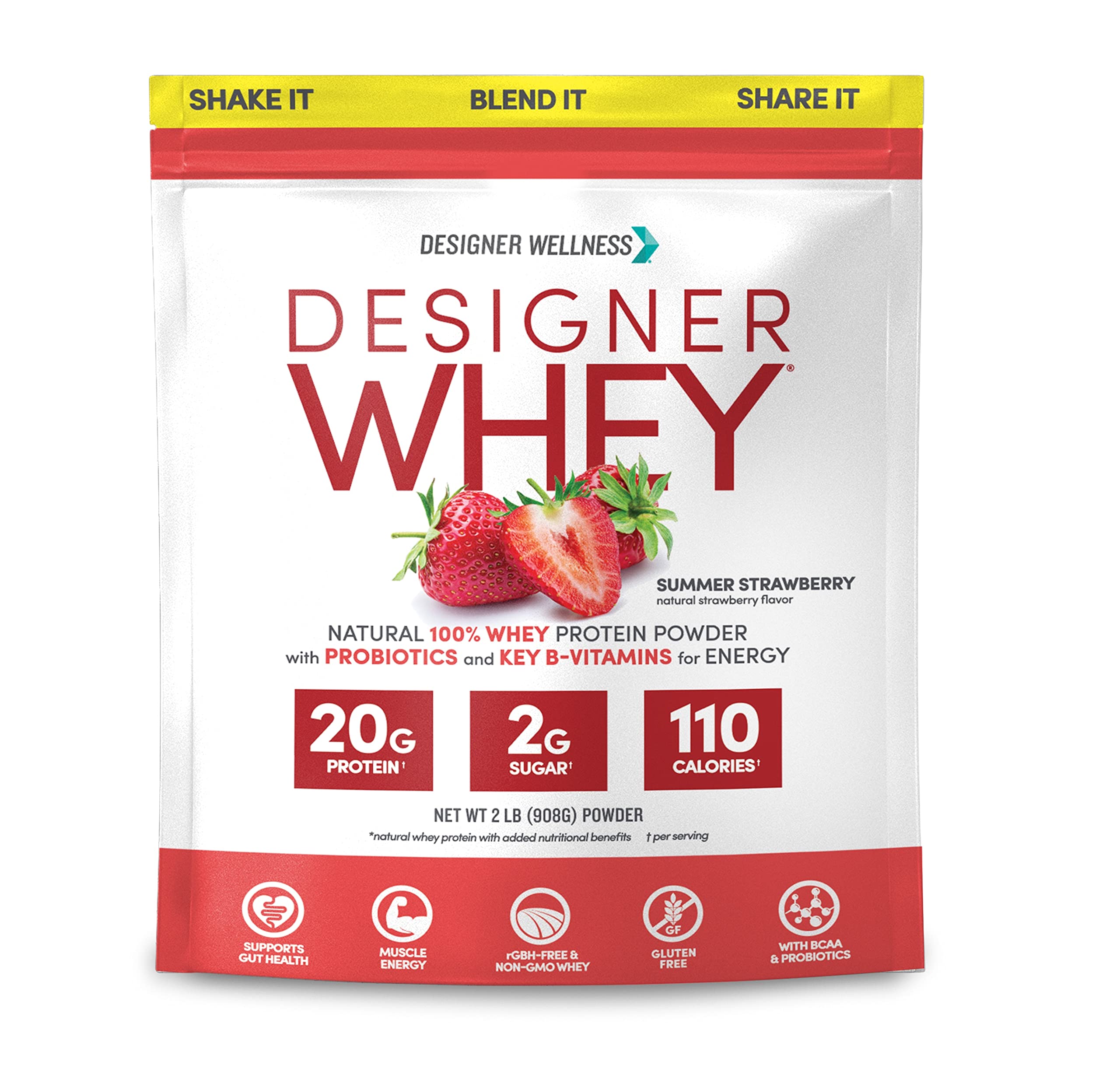 Designer Wellness Designer Whey Summer Strawberry bottle highlights gluten-free protein and probiotics.