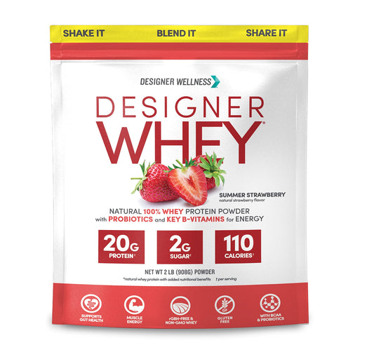 Designer Wellness Designer Whey Summer Strawberry bottle highlights gluten-free protein and probiotics.
