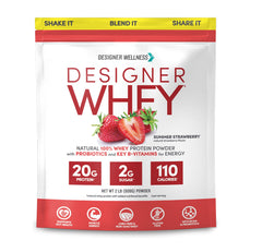 Designer Wellness Designer Whey Summer Strawberry bottle highlights gluten-free protein and probiotics.