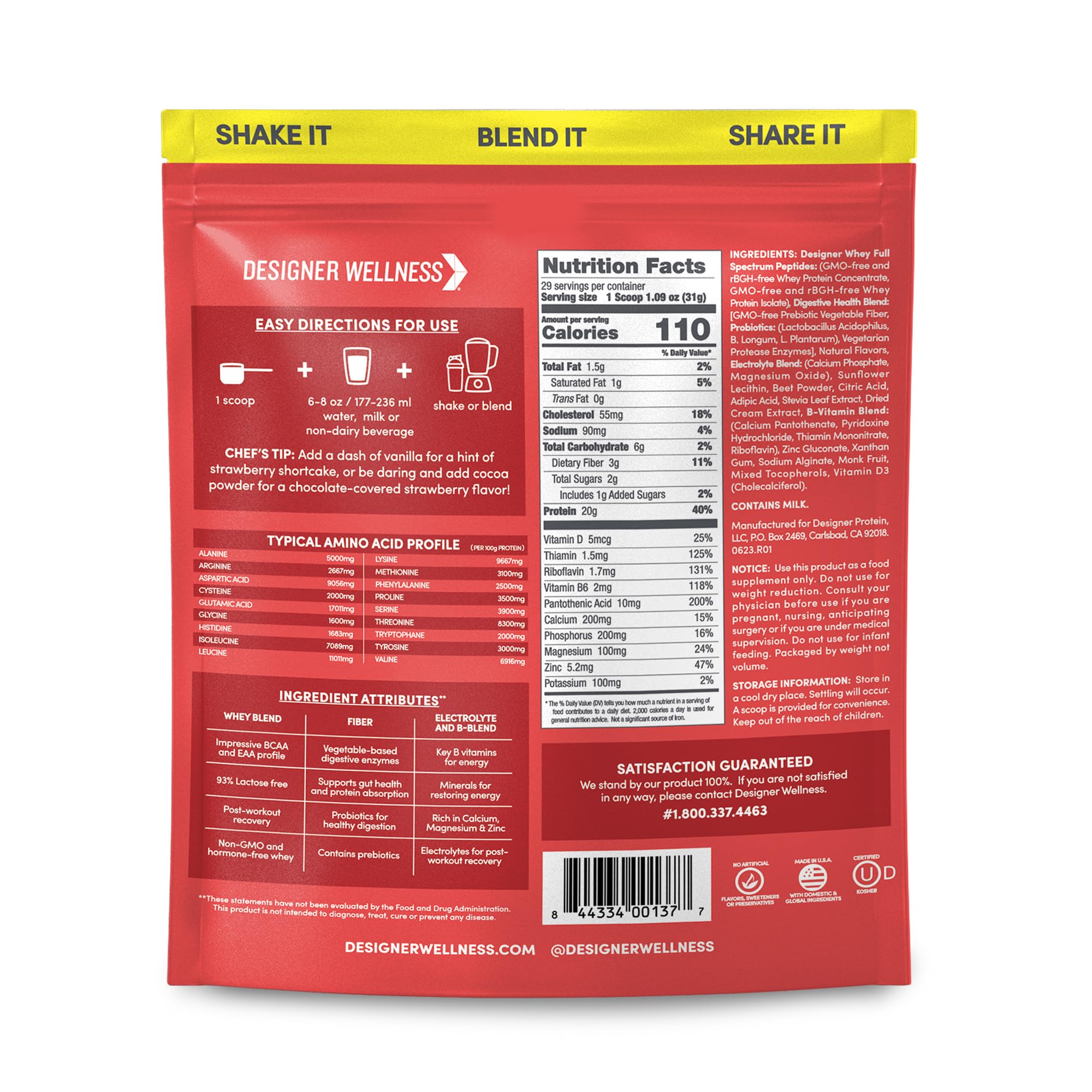 Designer Wellness Designer Whey Summer Strawberry serving scoop emphasizes convenient post-workout fueling.