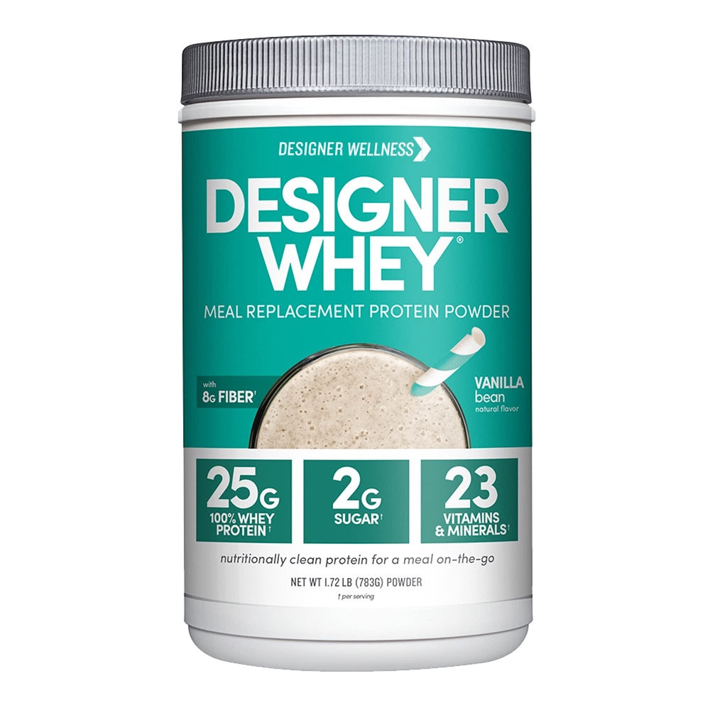 Designer Wellness Designer Whey Vanilla Bean powder labeled for protein-packed meal replacement.