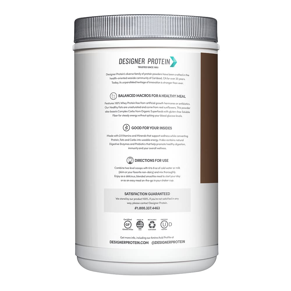 Designer Wellness packaging label highlights protein and vitamins.