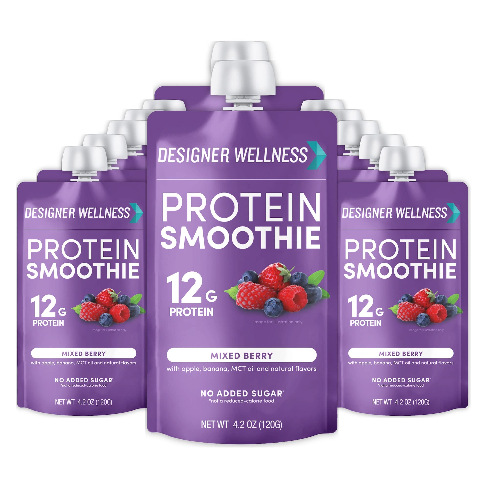 Designer Wellness protein smoothie bottle with mixed berry flavor for on-the-go nutrition.