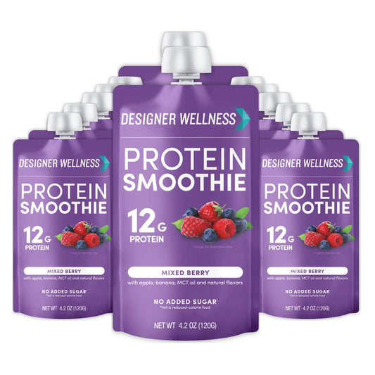 Designer Wellness protein smoothie bottle with mixed berry flavor for on-the-go nutrition.