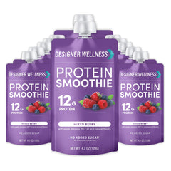 Designer Wellness protein smoothie bottle with mixed berry flavor for on-the-go nutrition.