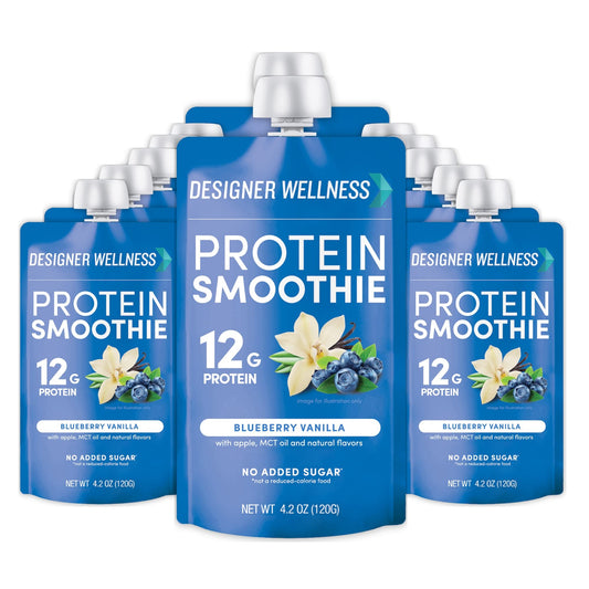 Designer Wellness Protein Smoothie bottle with blueberry vanilla real fruit for a quick meal