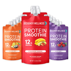 Designer Wellness Protein Smoothie fruit blend in a glass for a refreshing on-the-go snack