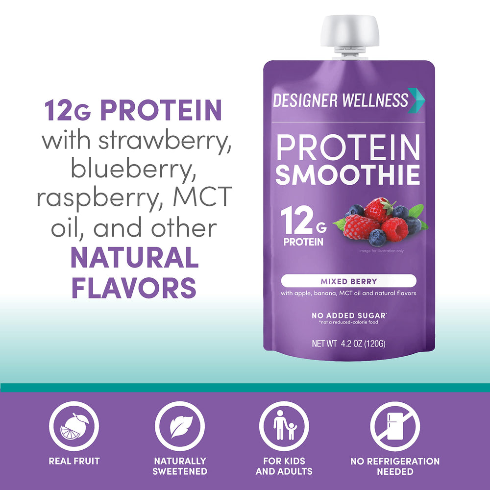 Real fruit visuals in Designer Wellness smoothie ingredients for natural sweetness.