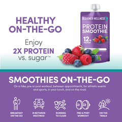 Designer Wellness smoothie bottle label highlighting gluten-free and convenient packaging.