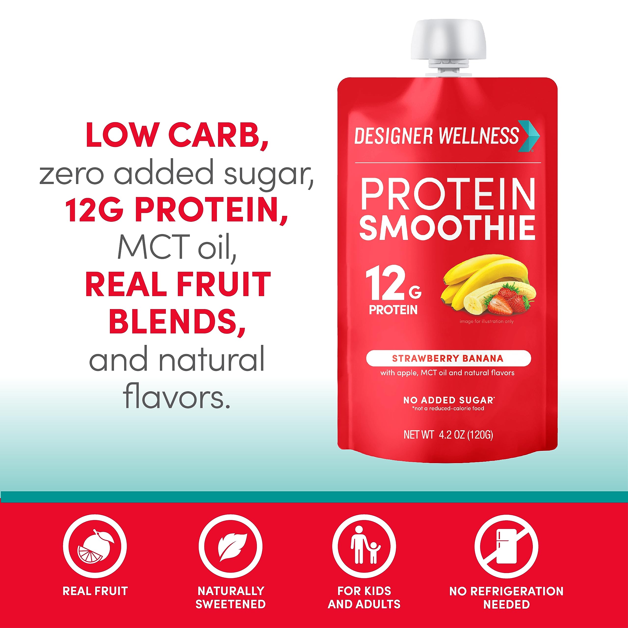 On-the-go pouch of Designer Wellness Protein Smoothie for convenient, mess-free snacking.