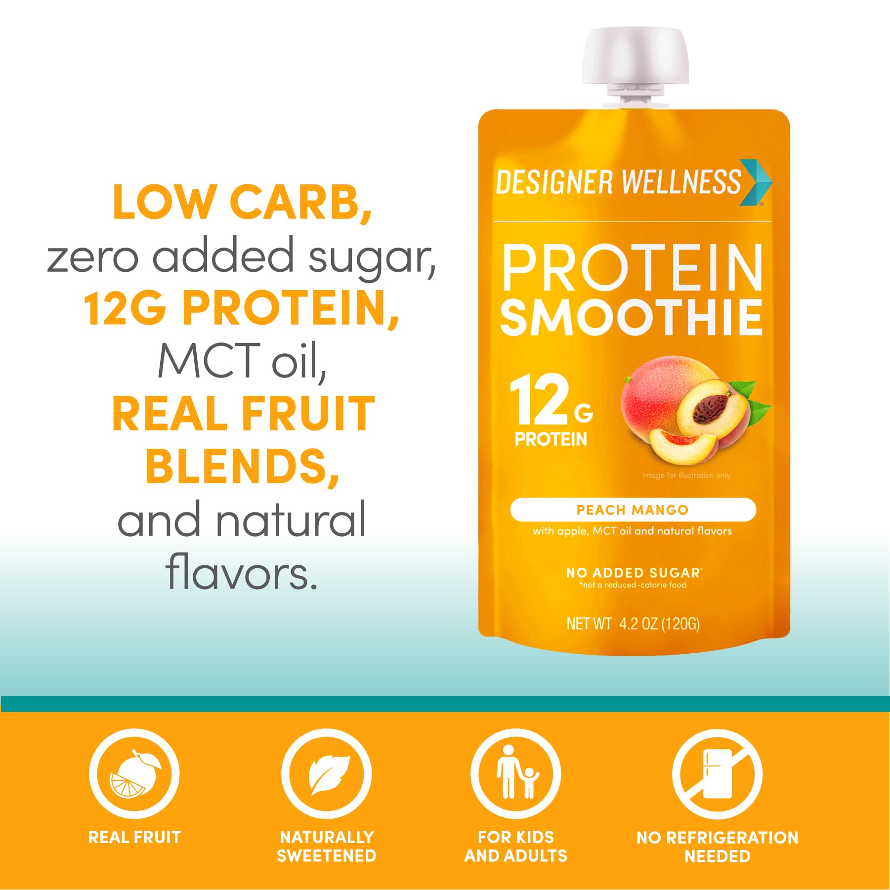 Designer Wellness Protein Smoothie Peach Mango real fruit blend visible.