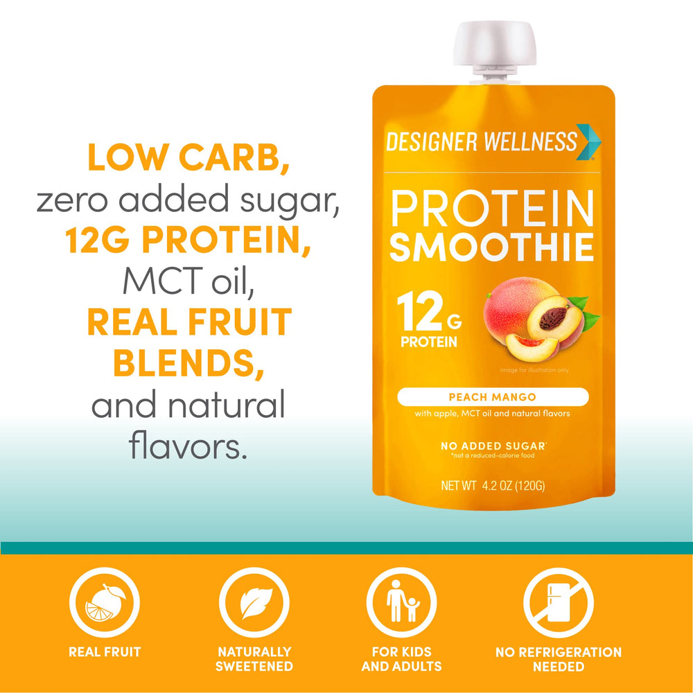 Designer Wellness Protein Smoothie Peach Mango real fruit blend visible.
